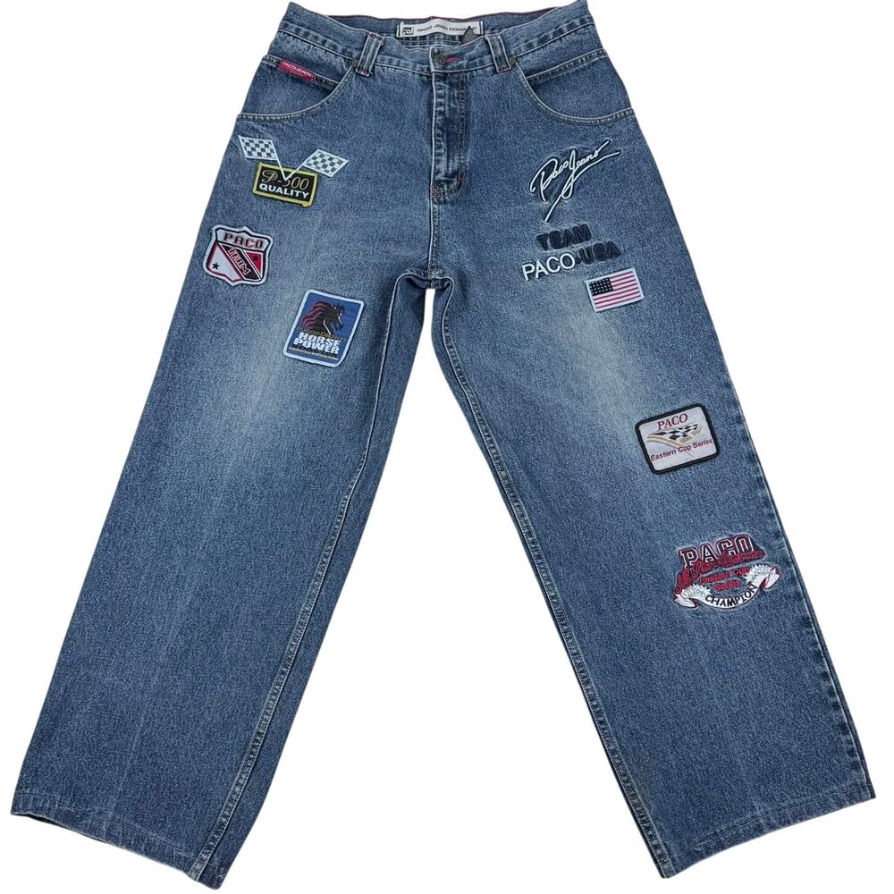 Paco Jeans 33x32 Y2K Embroidered Applique Patch Baggy Denim Streetwear